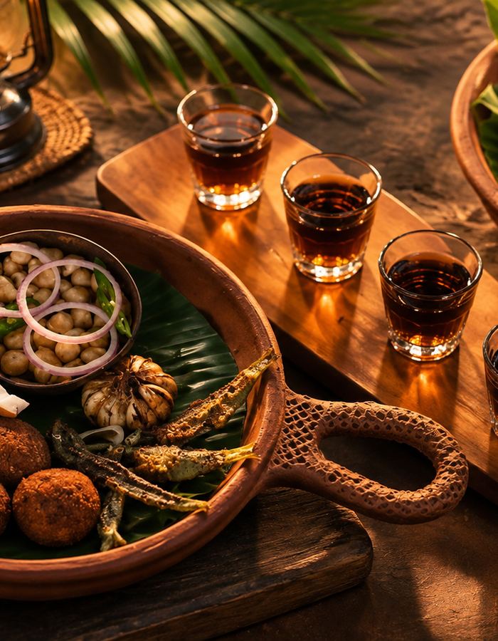 Glasses of coconut arrack on a wooden board with cutlets and devilled chickpeas