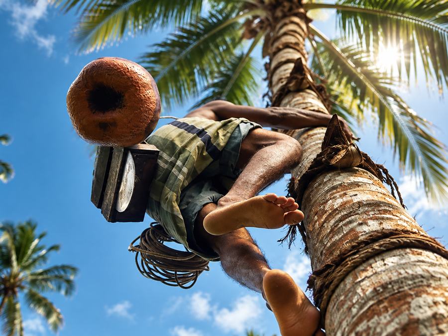 A toddy tapper working the crown of a coconut palm, Sri Lanka