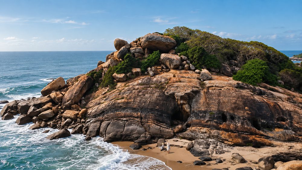 The granite outcrop of Elephant Rock above the beach at Arugam Bay, Sri Lanka
