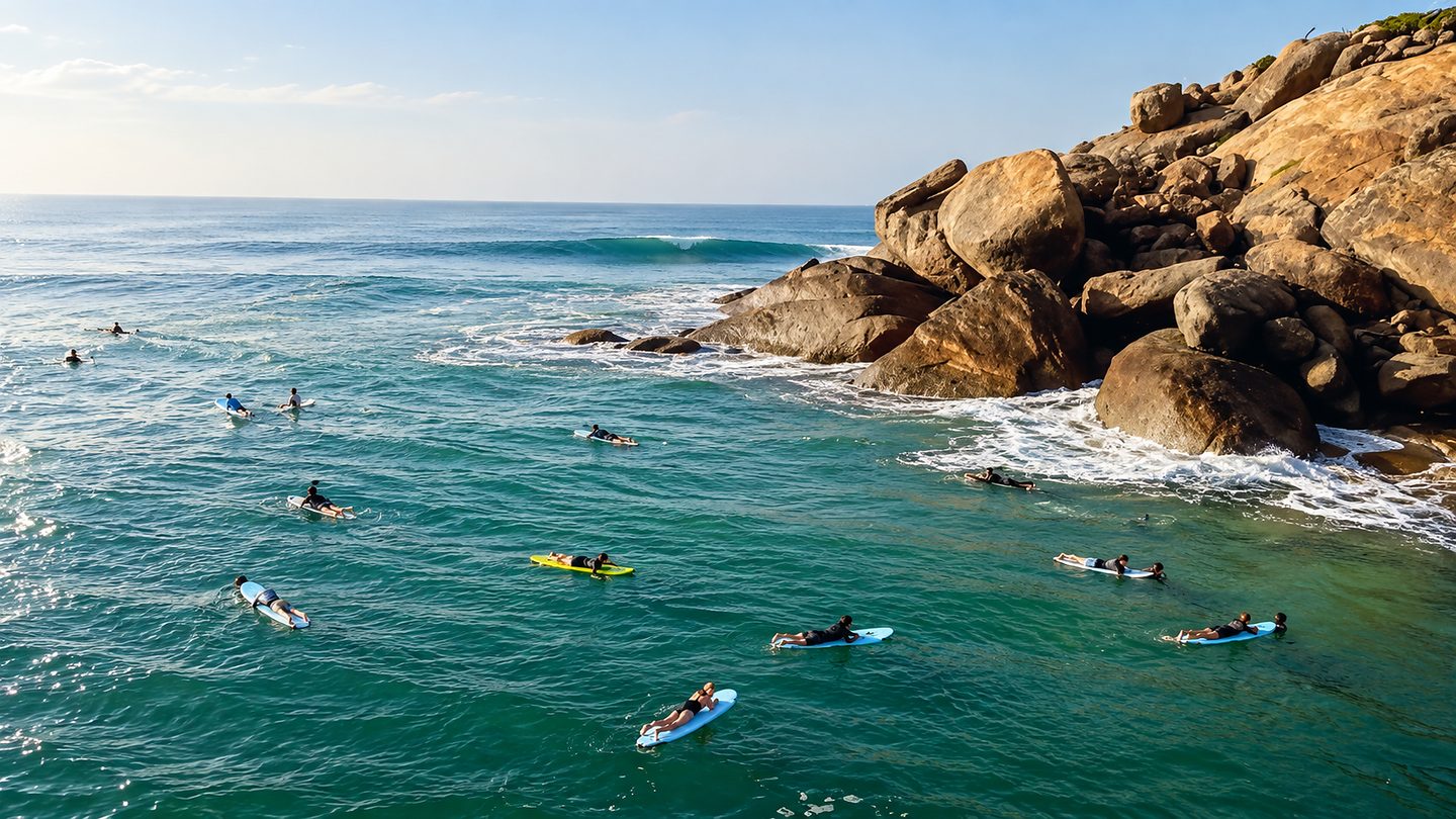 Surfers waiting for a set beside the headland at Main Point, Arugam Bay, Sri Lanka
