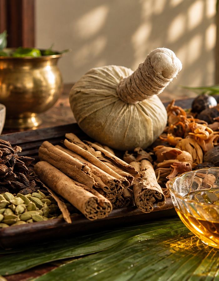 Ayurvedic herbs and oils laid out for a treatment, Sri Lanka