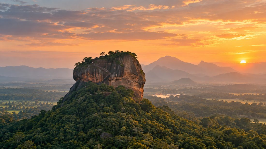 Sigiriya rock seen from a hot-air balloon in the early morning, Sri Lanka