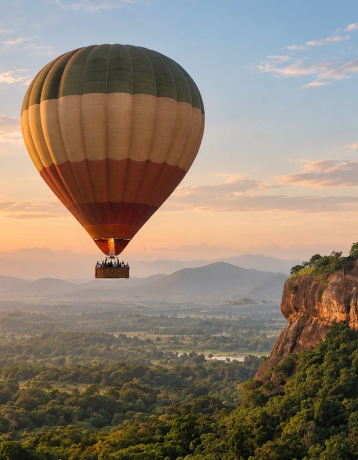 A hot air balloon drifting over the cultural triangle at first light