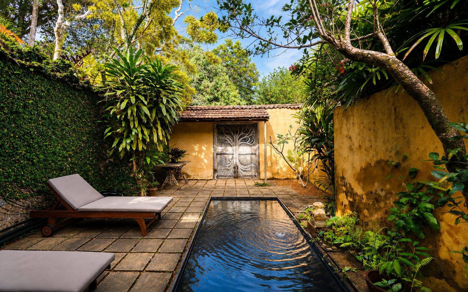 A shaded Bawa courtyard with columns opening onto planting, Sri Lanka