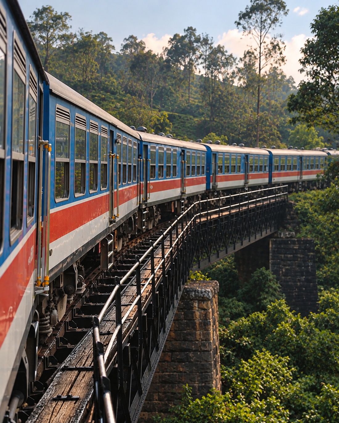 The blue hill-country train crossing a steel bridge above the forest