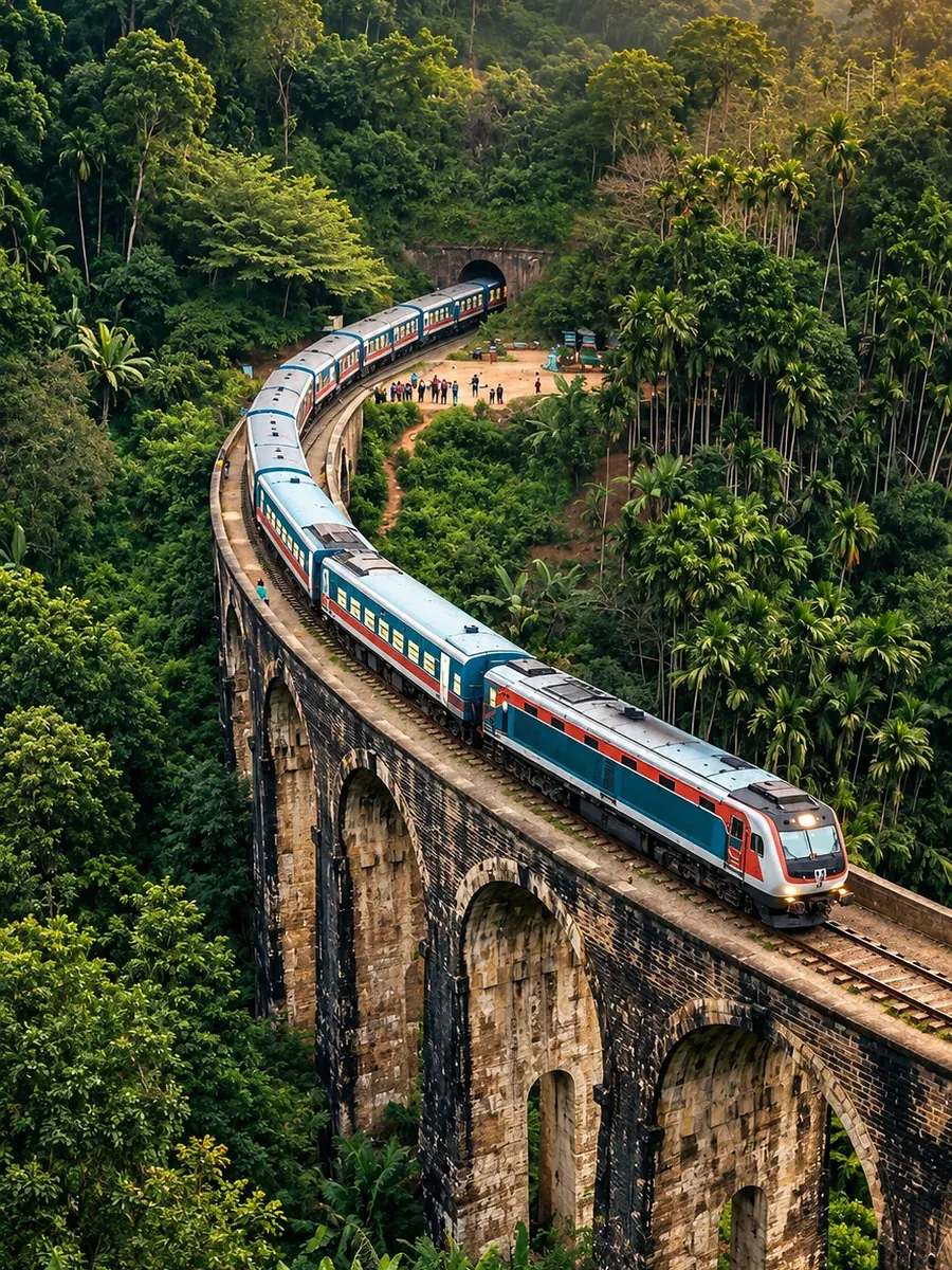 Blue train crossing the hill country