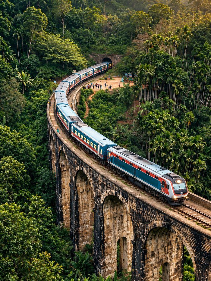 A forested ridge and winding road falling away into the Ella valley, hill country, Sri Lanka