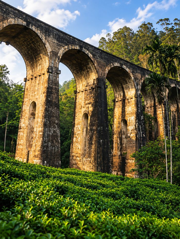 A blue Sri Lanka Railways train curving across the Nine Arch Bridge above the jungle at Ella