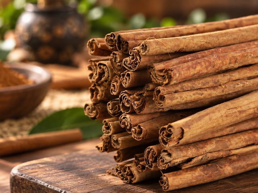 Bundled quills of Ceylon cinnamon after peeling and drying, Sri Lanka