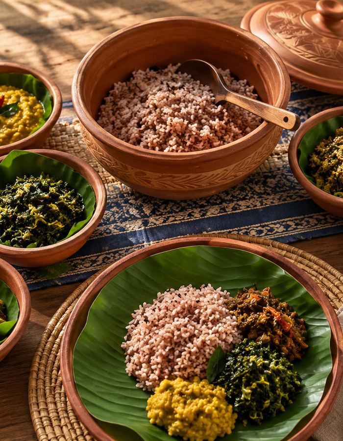 A rice and curry spread served on a working cinnamon estate