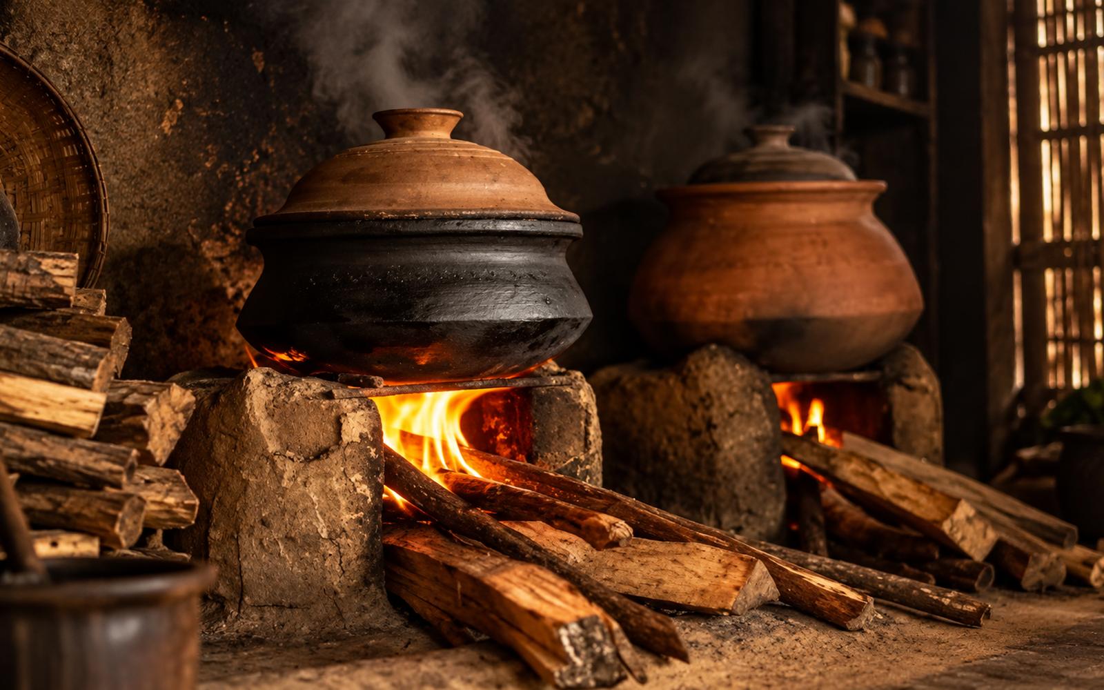 Curries cooking in clay pots over a wood fire