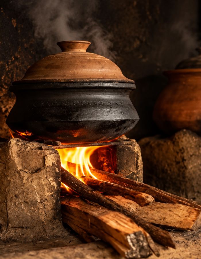 A clay pot steaming over an open wood fire in a Sri Lankan hearth kitchen