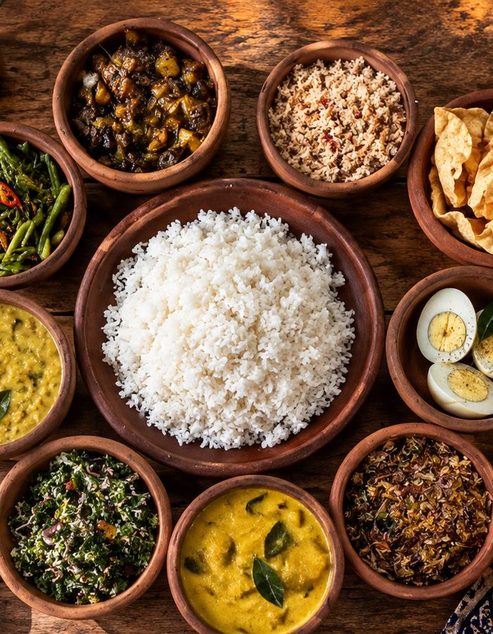 An overhead spread of Sri Lankan rice and curry in clay bowls