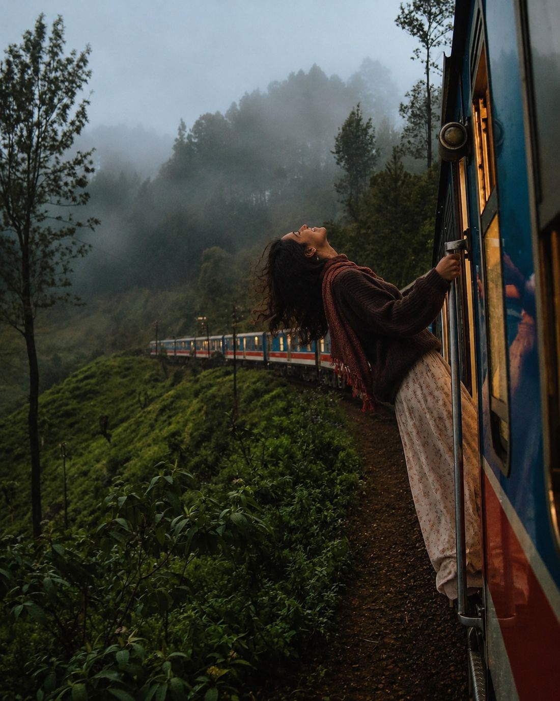 A traveller leaning from the open door of the blue train in mountain mist