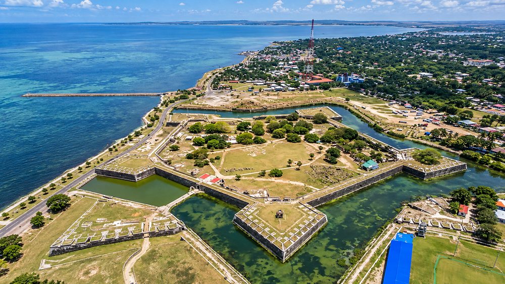 The Dutch star fort at Jaffna from the air, ramparts and moat on the lagoon shore, Sri Lanka