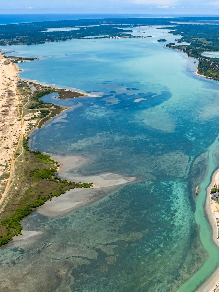 Sandbanks and turquoise shallows seen from the air