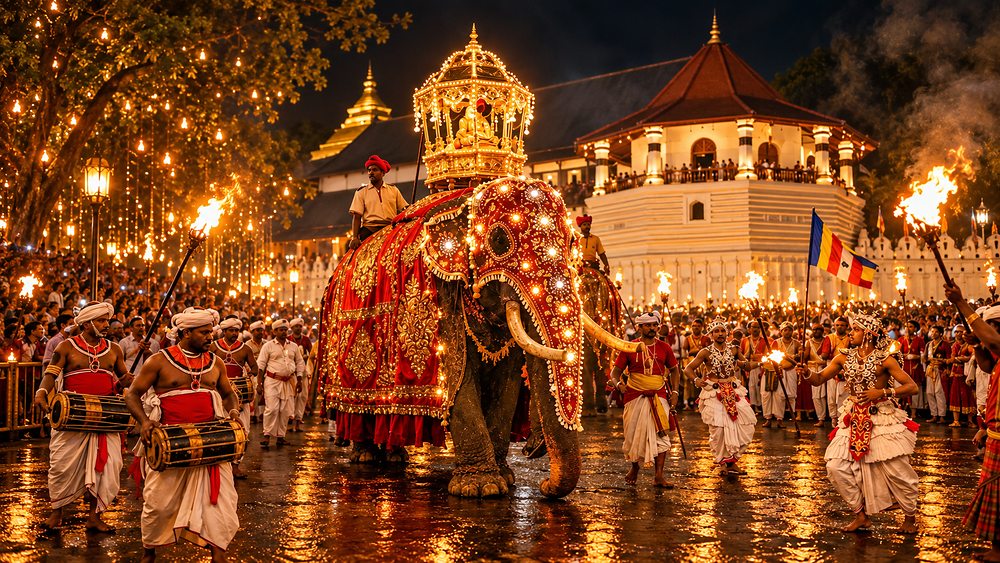 A tusker in jewelled regalia passing the Temple of the Tooth during the Esala Perahera, Kandy, Sri Lanka