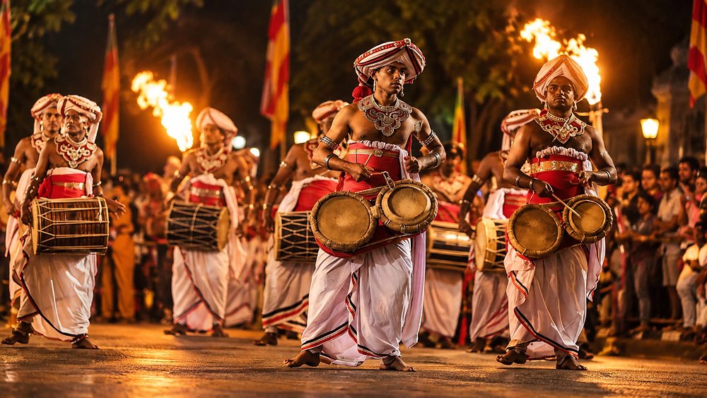 Drummers and fire-bearers in a night procession