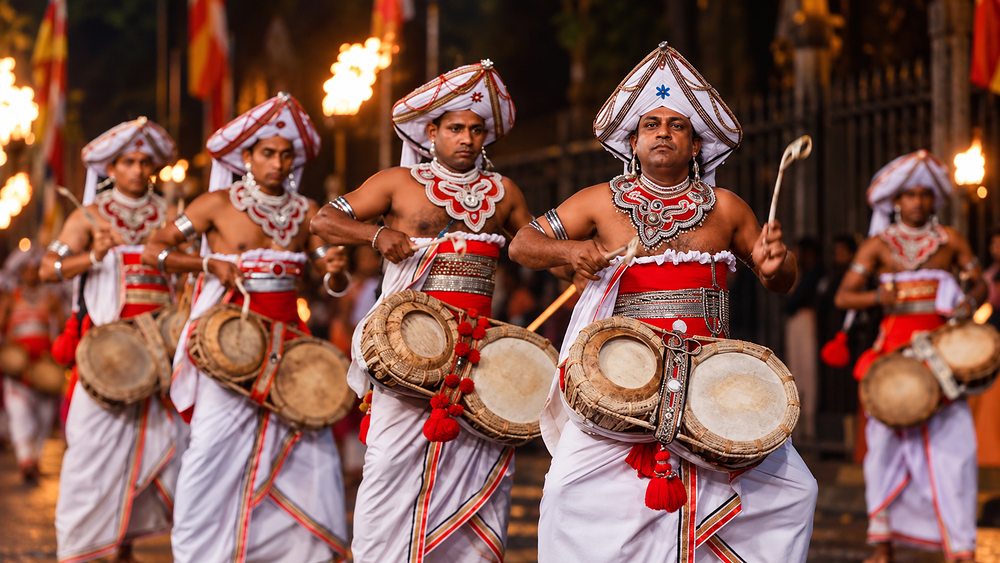 Kandyan drummers playing the geta bera by torchlight, Kandy, Sri Lanka