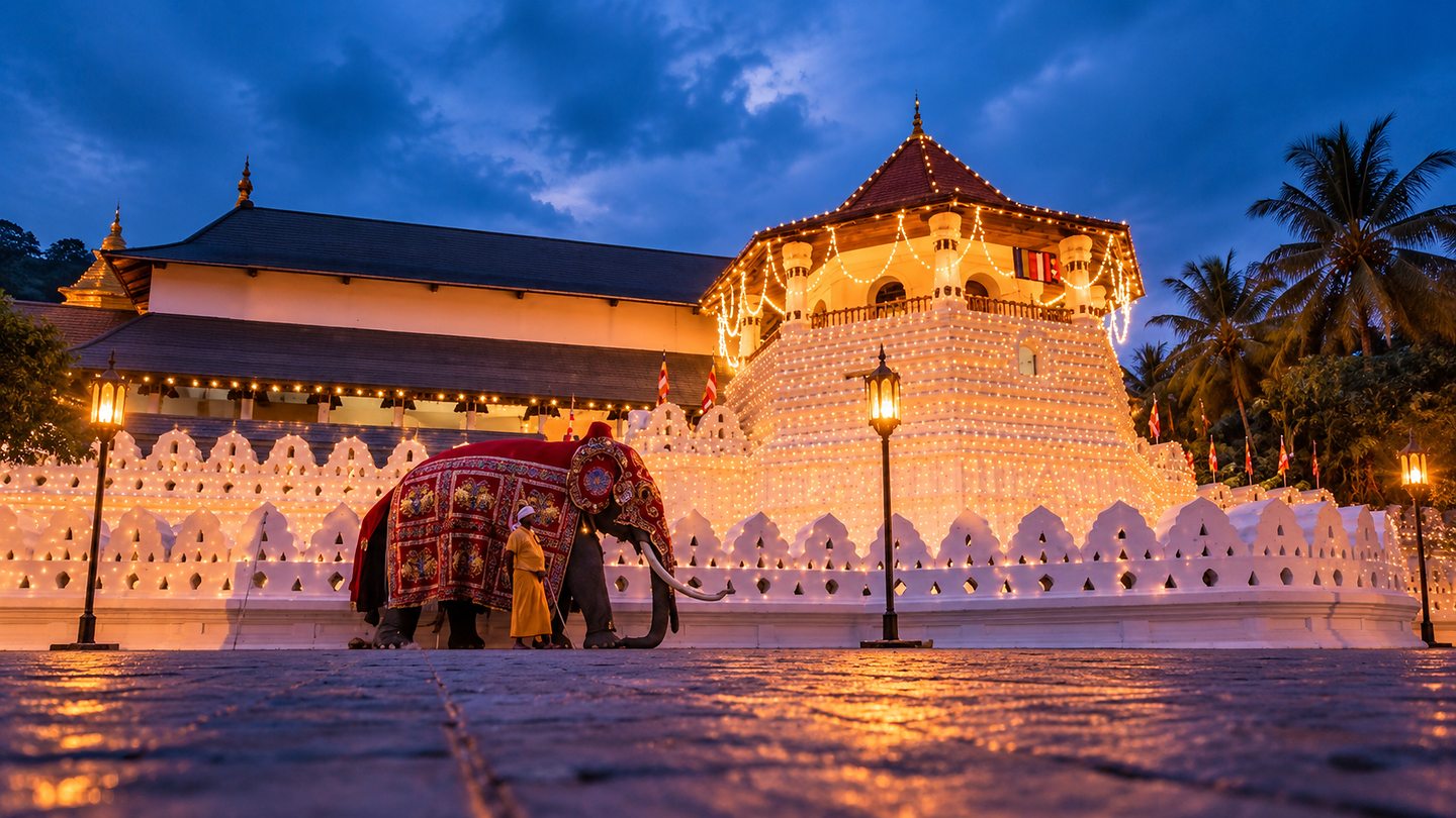 The Temple of the Tooth lit at dusk with a caparisoned elephant on the forecourt, Kandy, Sri Lanka
