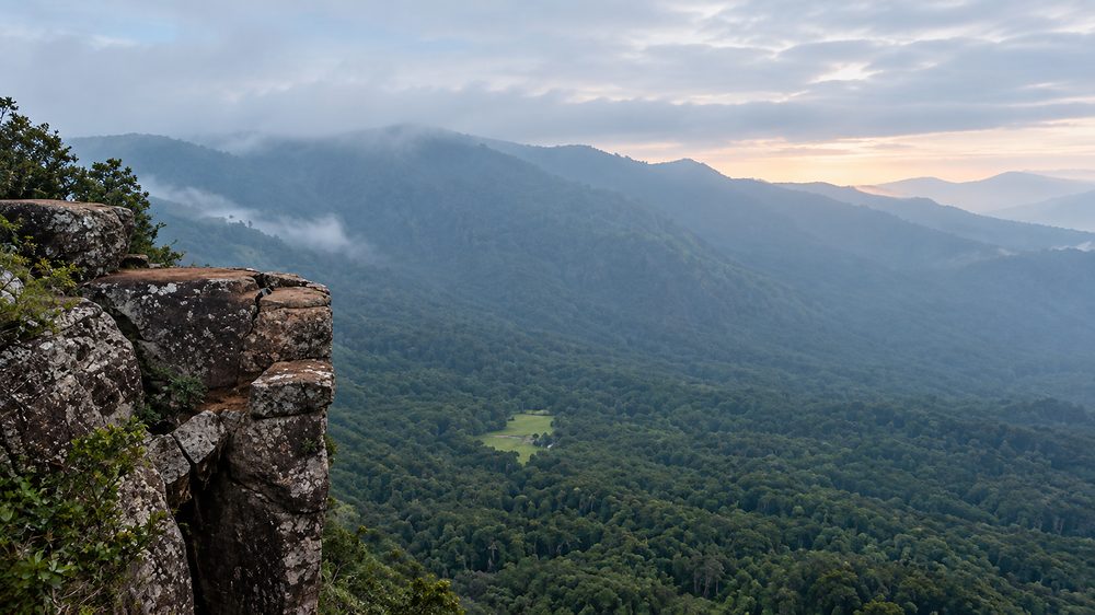 Mist over forested valleys below the escarpment at Mini World's End, Knuckles range, Sri Lanka