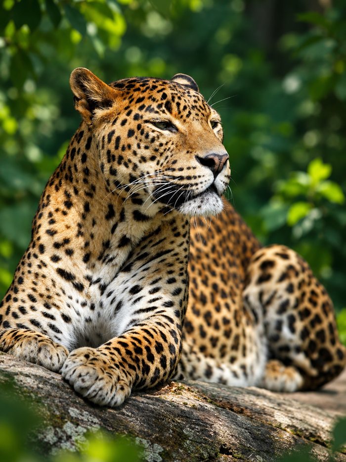 A leopard lying in leaf litter and scrub in dry forest, Sri Lanka