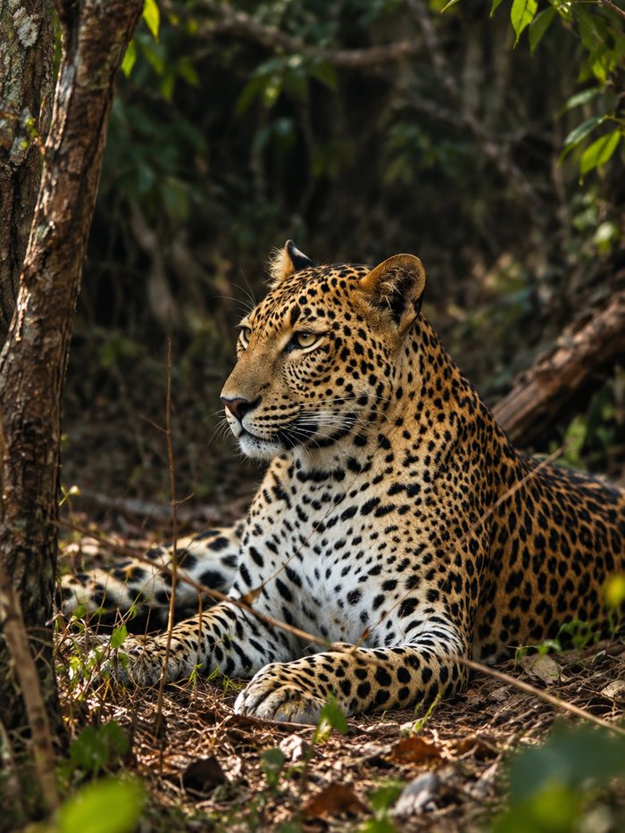 A leopard resting on a fallen tree in dappled green light, Sri Lanka