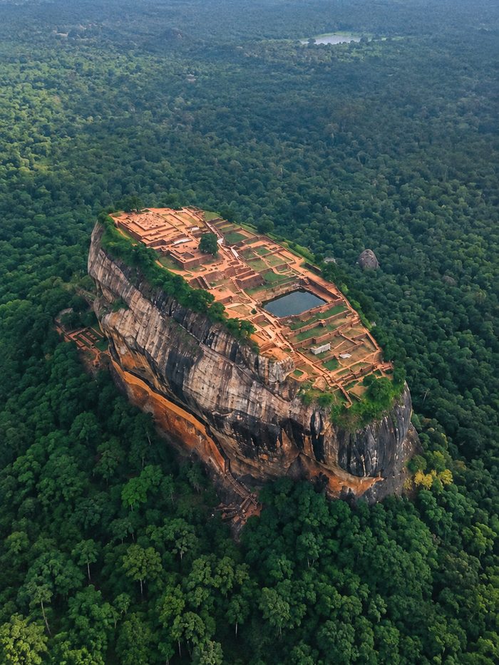 Sigiriya rock from the air, the summit palace ruins and water tank on top, surrounded by forest, Sri Lanka
