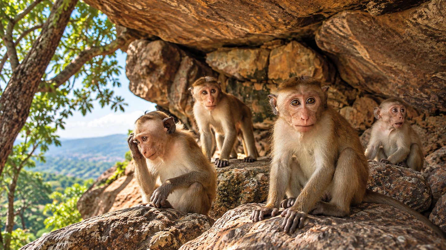 A troop of toque macaques under a rock overhang above the plains at Polonnaruwa, Sri Lanka
