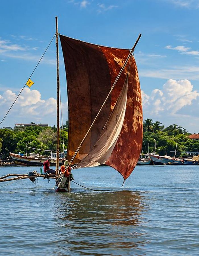 An oruwa outrigger under sail off Negombo, its patched sail full of wind
