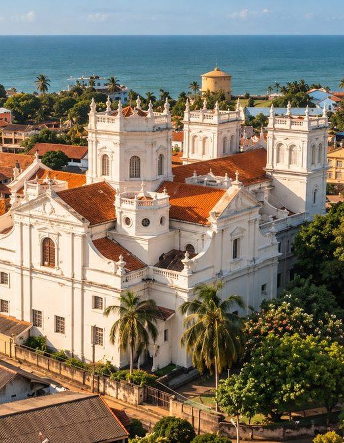 St Mary's Church in Negombo seen from above, its white towers against the ocean