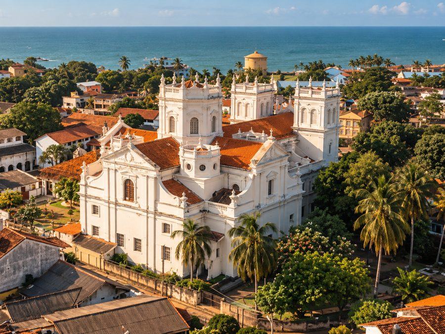 St Mary’s Church in Negombo, white against a blue sky