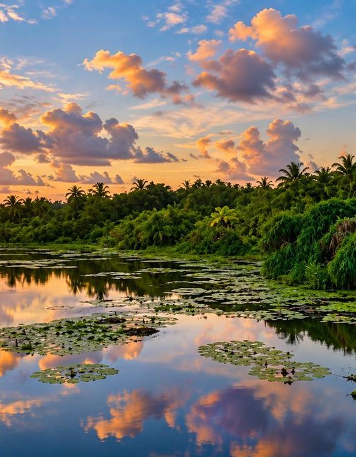 Sunset over the lily-covered water and mangroves of Muthurajawela marsh