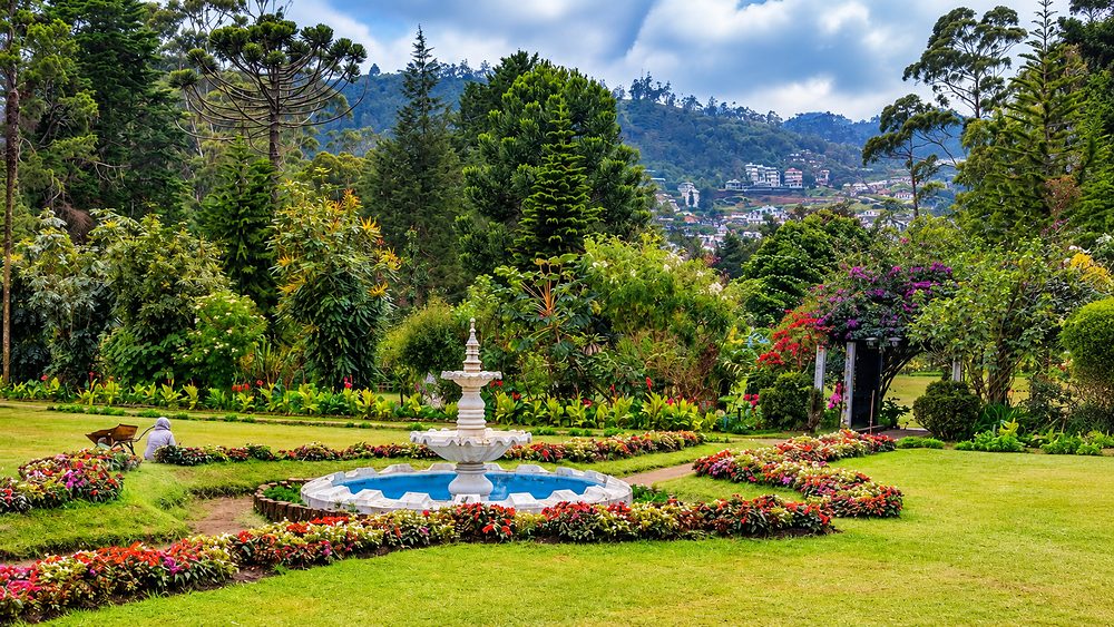 Flower beds and the white fountain in Victoria Park, Nuwara Eliya, Sri Lanka