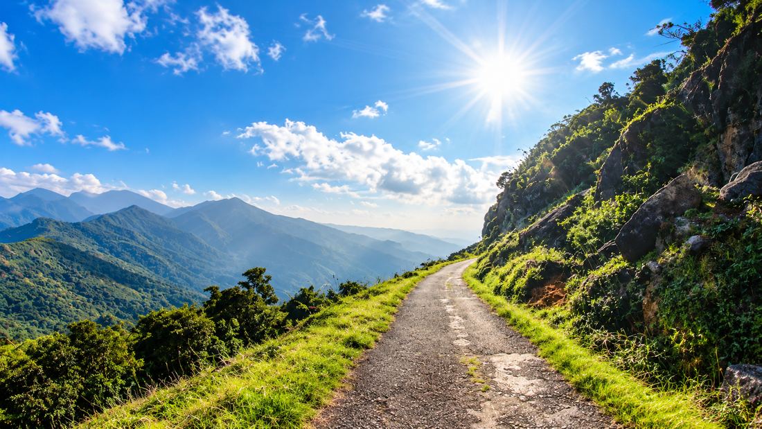A gravel path climbing a ridge into the sun on Pekoe Trail Stage 1 near Hanthana, Sri Lanka