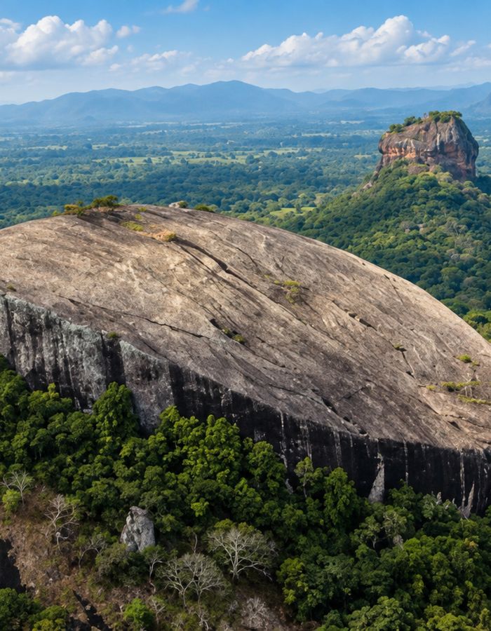 The bare dome of Pidurangala rock, with Sigiriya standing on the plain behind it