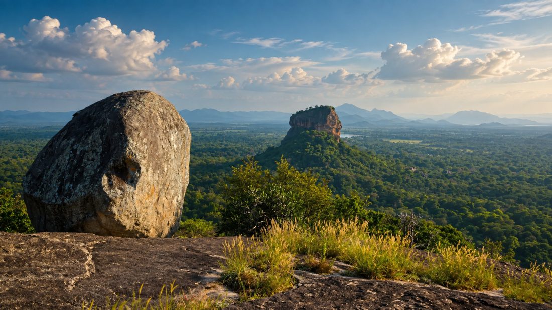 Sunrise from the boulders on the summit of Pidurangala, looking towards Sigiriya, Sri Lanka