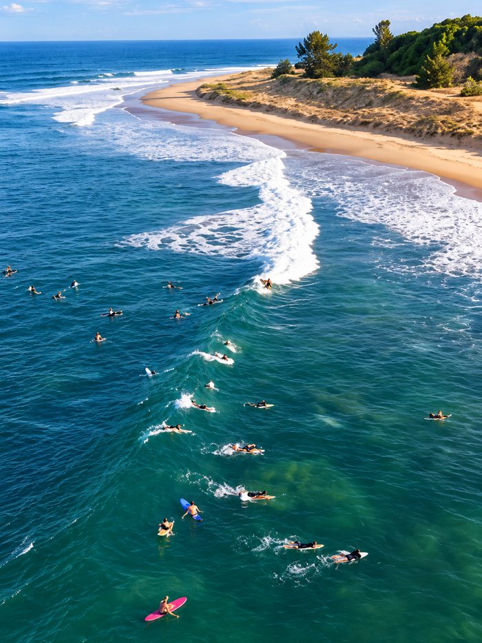Surfers waiting in the lineup along a sandy point from the air, Sri Lanka