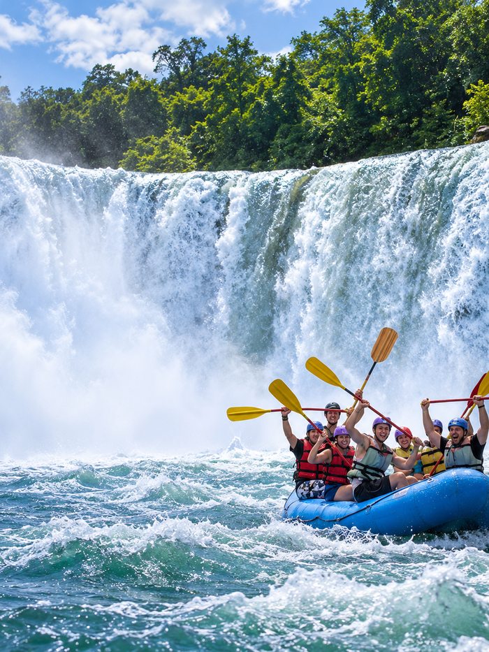 A raft crew raising paddles below a wide waterfall, Kitulgala, Sri Lanka