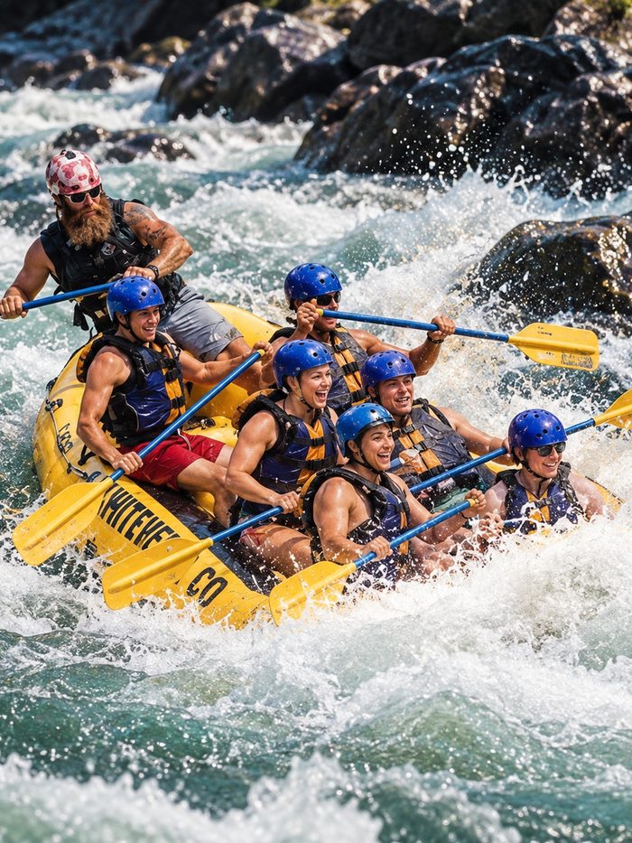 A raft crew paddling through whitewater on the Kelani river at Kitulgala, Sri Lanka
