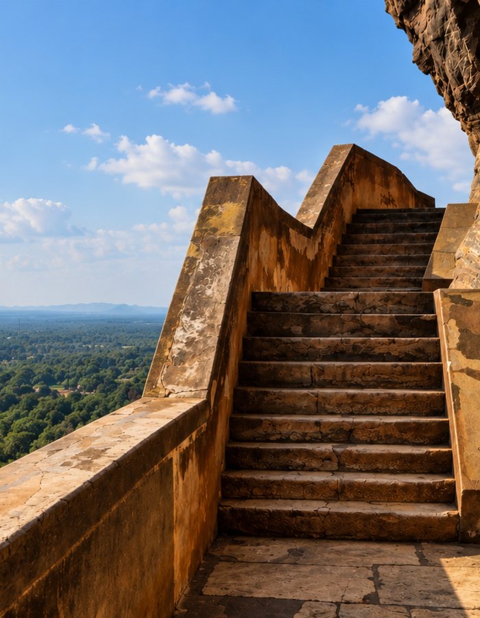 The brick stairway climbing past the mirror wall, with the plain falling away below