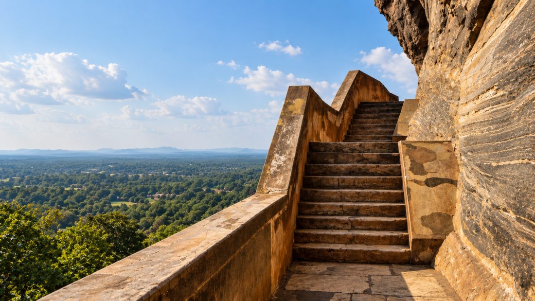 The polished mirror wall and stairway on the flank of Sigiriya rock, plains beyond, Sri Lanka