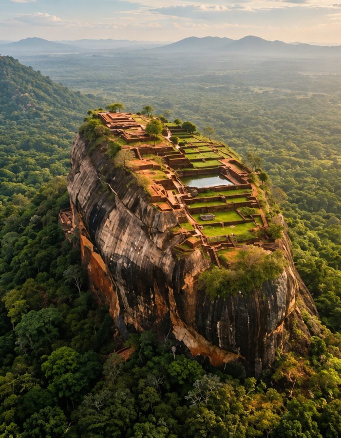 The palace terraces and cistern on the summit of Sigiriya, seen from the air