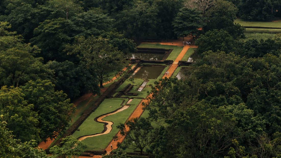 The ancient water gardens at the foot of Sigiriya from the air