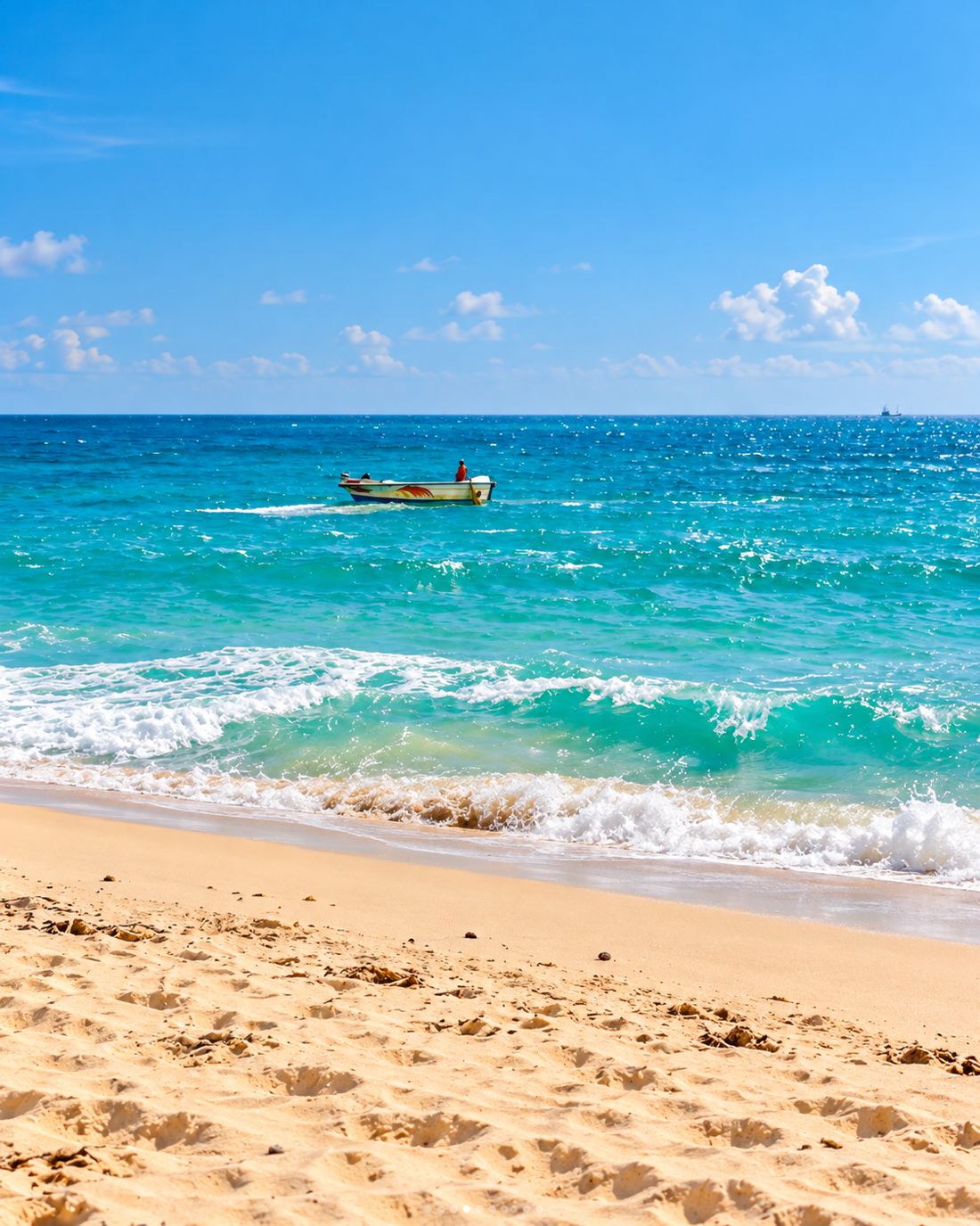 A small fishing boat beyond the shore break on a bright day