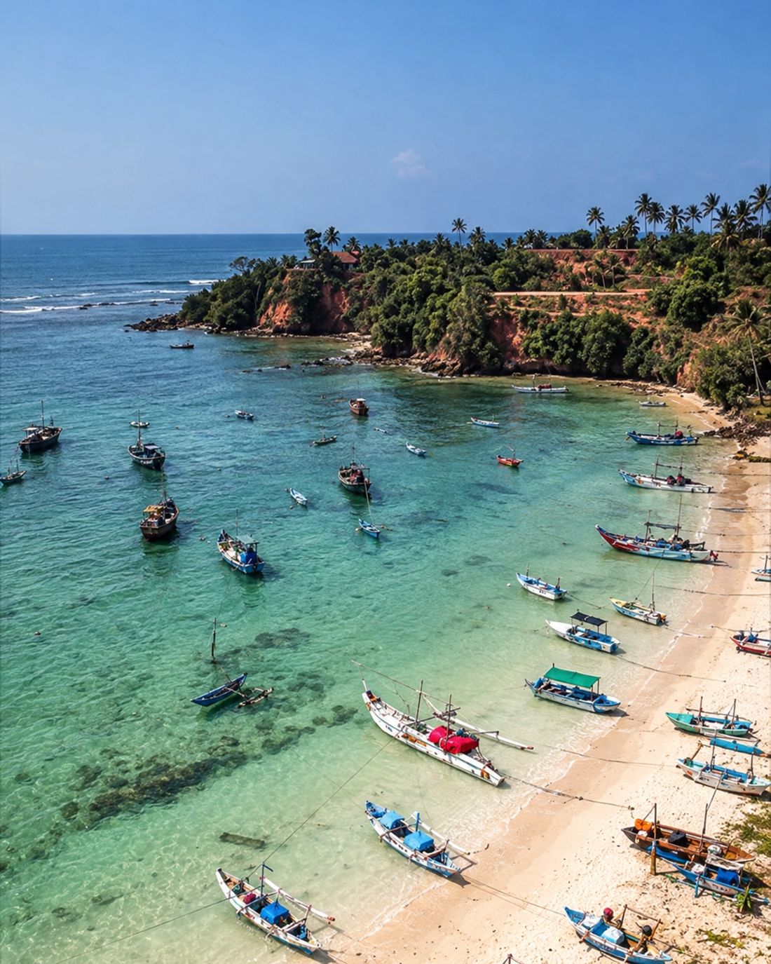 Fishing boats moored in a shallow green cove below a red-earth headland