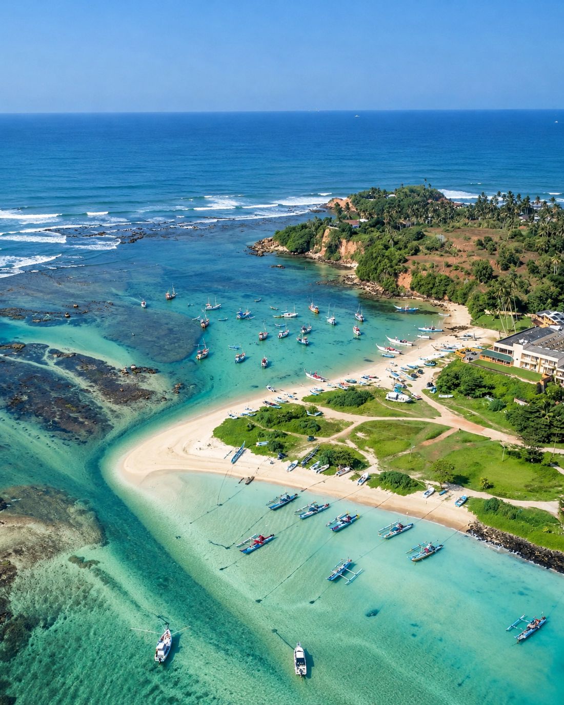 A fishing harbour and beach from the air, boats moored in turquoise water