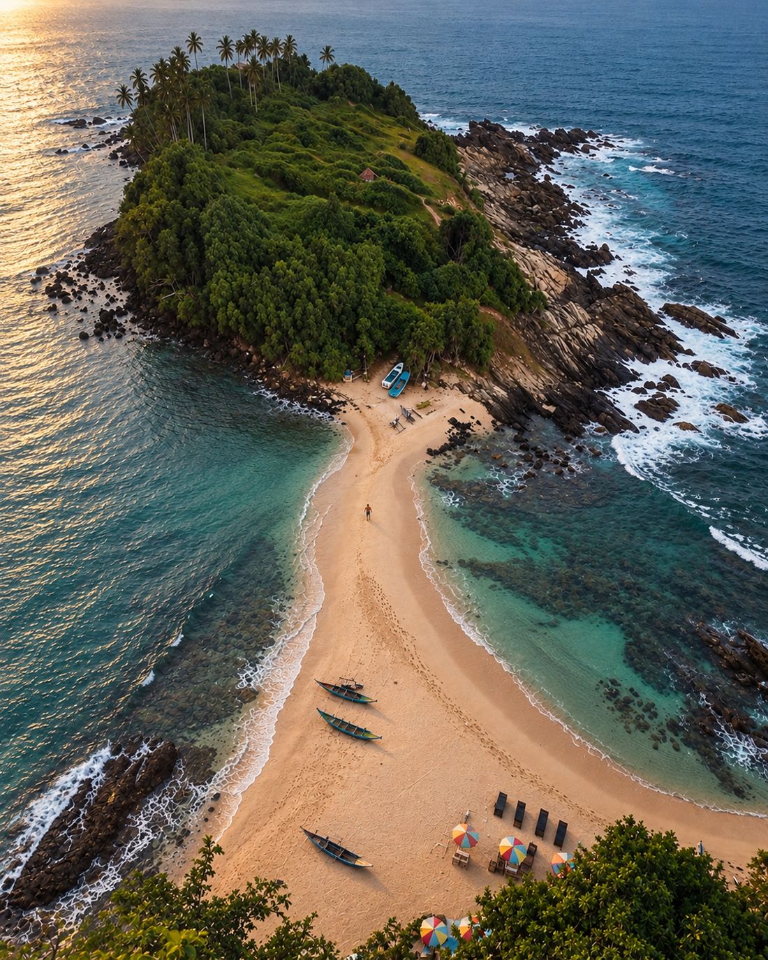 A sand spit leading to a wooded headland at sunset, boats pulled up on the beach