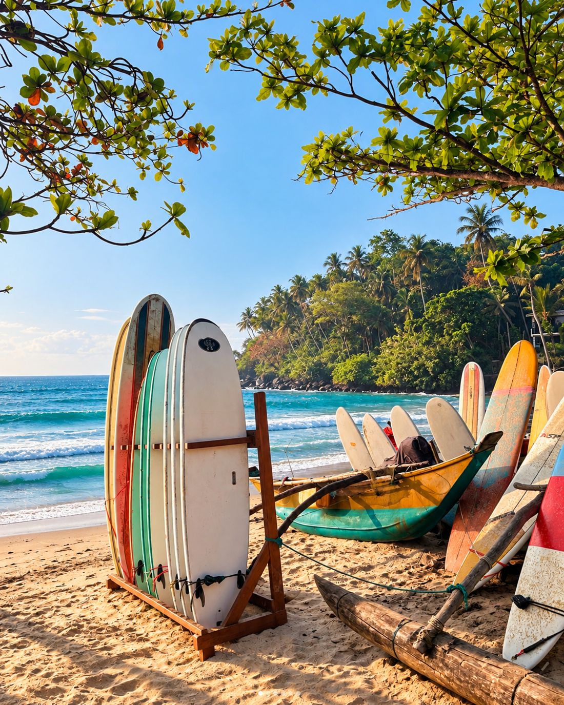 Surfboards stacked on the sand beside a painted outrigger canoe