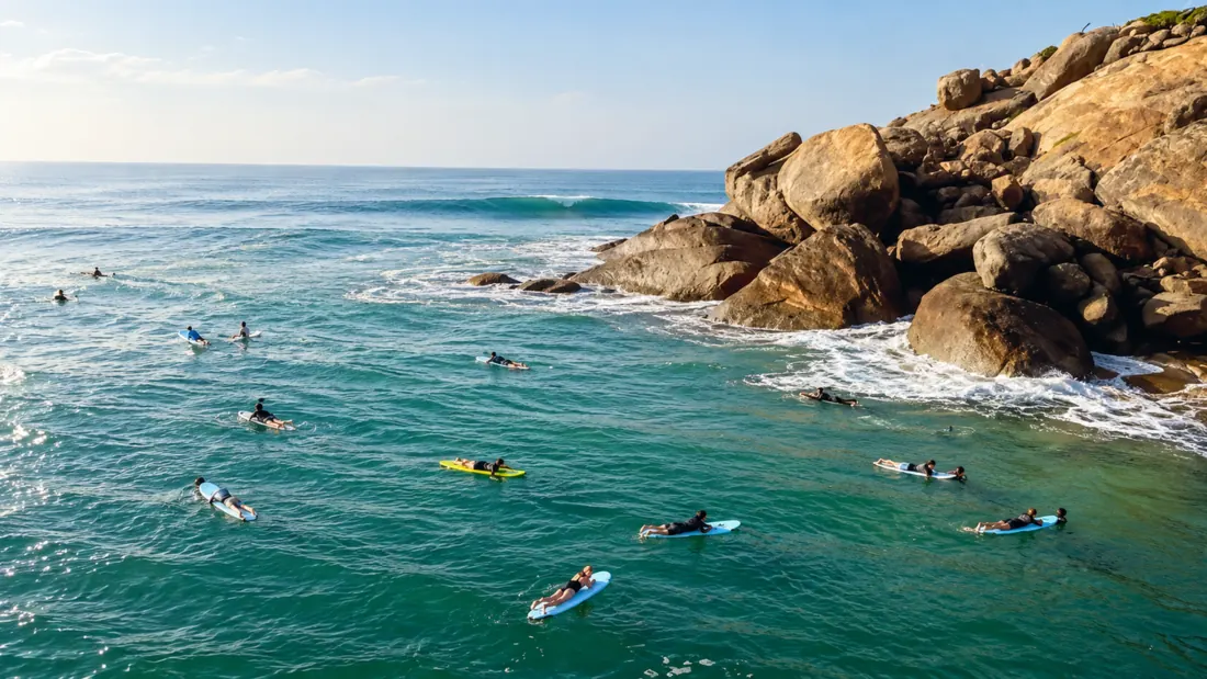 Surfers waiting for waves off the south coast